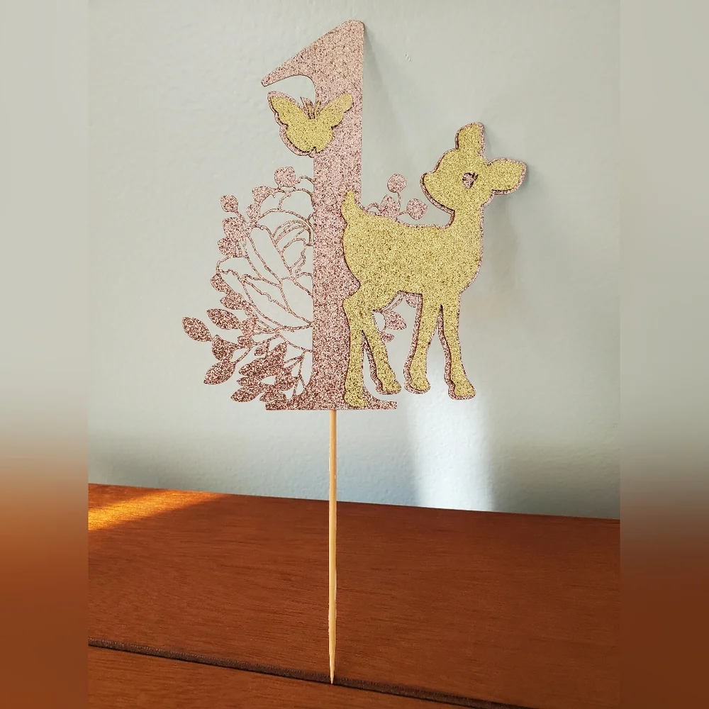 Glittery Deer and Butterfly Cake Topper